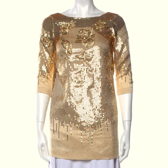 HALSTON HERITAGE Gold Sequin Silk Mini Dress - Picture 1 of 10